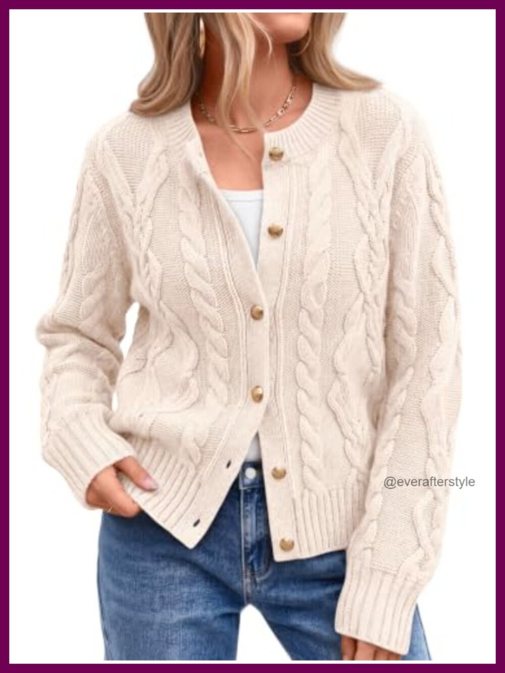 Cable Knit Cardigan Sweater Women Cotton Blend Chunky Long Sleeve Crew Neck